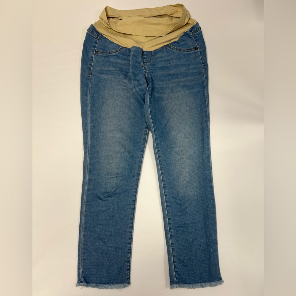 a:glow Maternity Cropped Ankle Jeans in Blue with Cream Waistband
